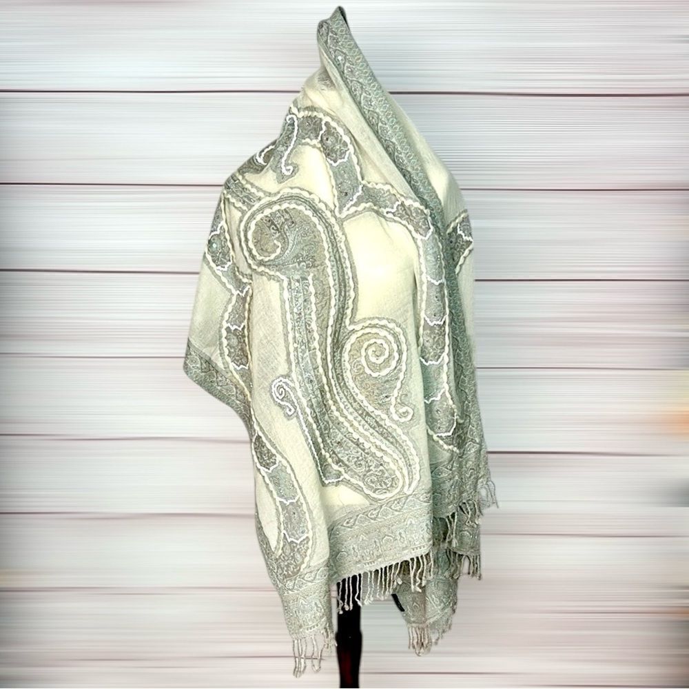Wool Embroidered Paisley Shawl Wrap in Gray and Cream with Sequins